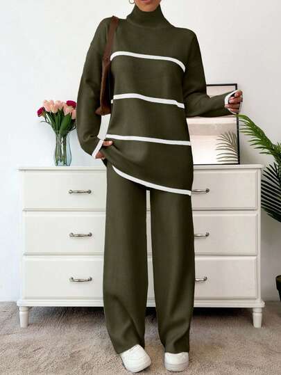 EURMUSE Women Mock Neck Stripe Patter Sweater