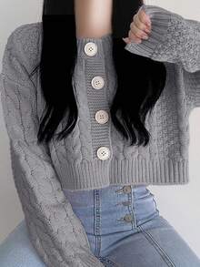 DAZY Women's Short Cardigan Sweater, Autumn/Winter - Grey - View 3