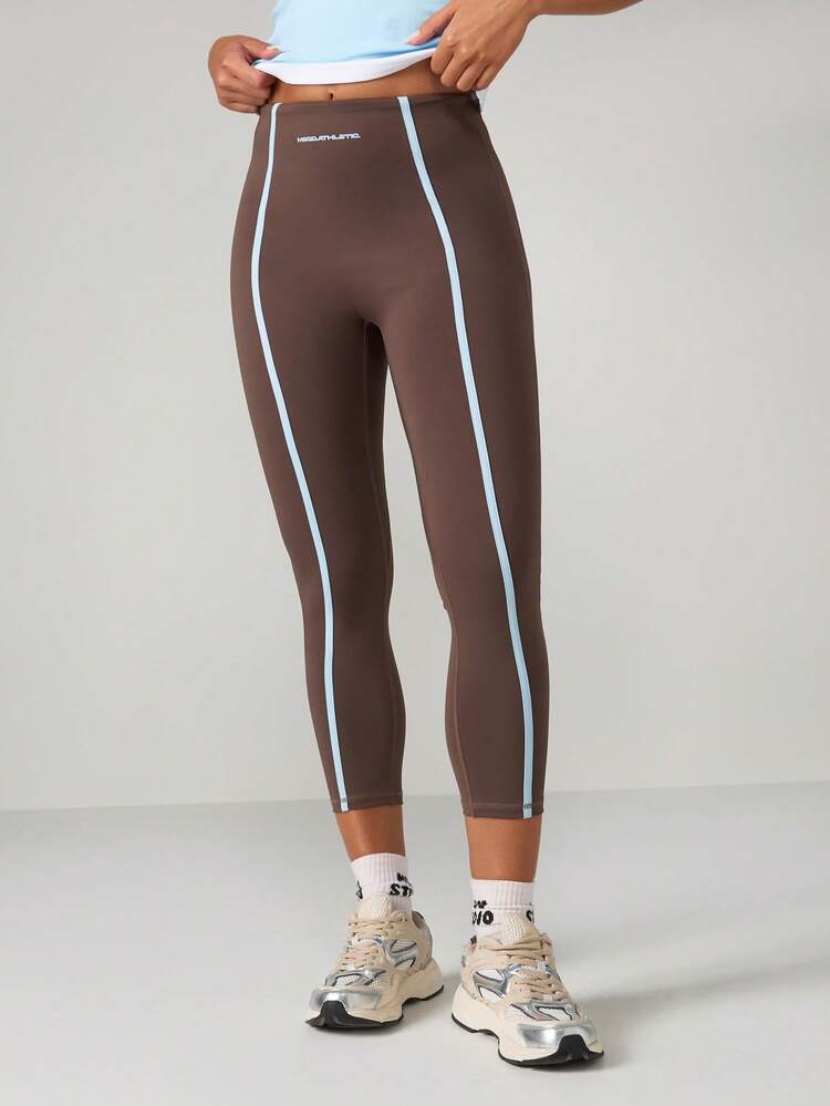 MISSGUIDED Regular Megaathletic Performance Leggings With Light Blue Side Stripes Sculpting High Rise Active Wear Yoga Gym Exercise Running Compression Pants