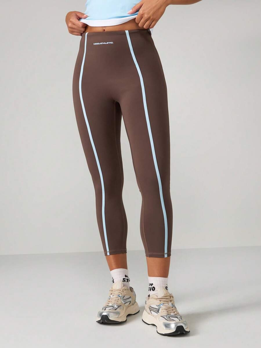 MISSGUIDED Regular Megaathletic Performance Leggings With Light Blue Side Stripes Sculpting High Rise Active Wear Yoga Gym Exercise Running Compression Pants - Brown - View 1