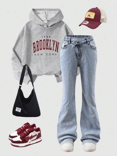 Sparklyn 青少年女孩牛仔喇叭裤，新款休闲简约中蓝色水洗牛仔喇叭裤，斜腰设计修饰腿部线条，弹力舒适的拉绒羊毛面料，磨边下摆设计，优雅复古别致的牛仔裤，时尚女孩的必备单品，适合日常穿着、拍照、外出、聚会，秋季新品