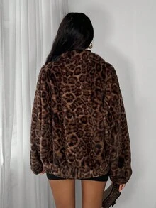 TRNVIE 1 pieza Chaqueta regular de mujer, cuello de piel de leopardo sintética marrón con cinturón, estilo retro tipo caja, para invierno - Marrón - Ver 2