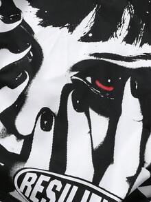 ROMWE MEN Street Life Men's Street American Dark Beauty Woman Face English Graphic Print Long Sleeve T-Shirt, Fall - Black - View 8