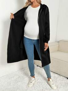 SHEIN Maternity Solid Color Long Sleeve Zip Up Hooded Jacket,Casual Autumn Pregnant Clothes For Women,Office Fall Winter Drop Shoulder Drawstring Coat - Apricot - View 9