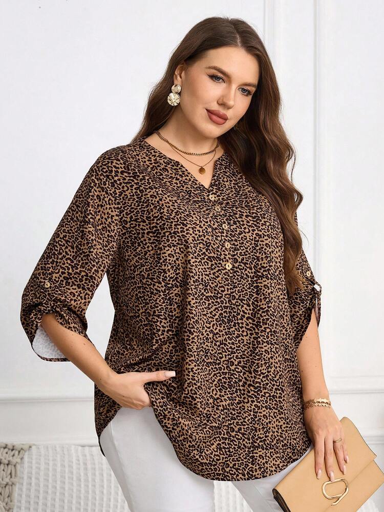 Plus Size Women's Purple Red 3/4 Sleeve Blouse, Early Spring  Brown Blouses For Women Fall Clothes For Women Winter Clothes