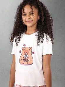 Bộ đồ ngủ hai mảnh hình gấu dễ thương SUMWON với thiết kế trà sữa trân châu Kawaii, áo thun gân và quần dài in họa tiết toàn thân, thích hợp cho bé gái mặc trong kỳ nghỉ đông, đi chơi hoặc du lịch. - Nhiều màu - Xem 5