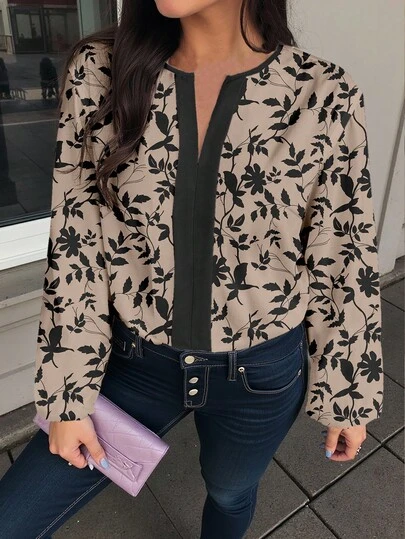 Shutterstock Glamance Plus Size Elegant Loose Cutout Collar Long Sleeve Shirt, Autumn Floral Blouse Women Long Sleeve Blouse Blouses Elegant Artwork Print Design Casual Commuter Ladies