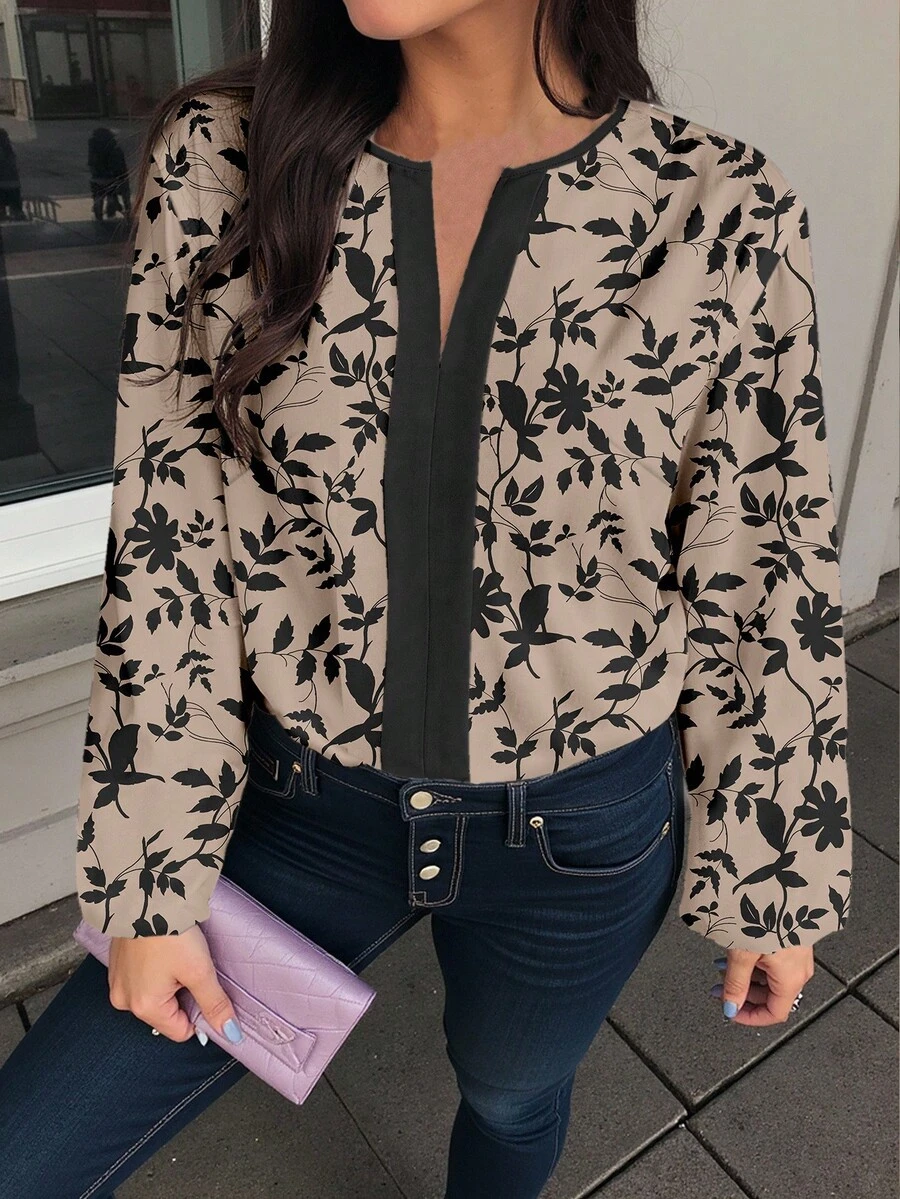 Shutterstock Glamance Plus Size Elegant Loose Cutout Collar Long Sleeve Shirt, Autumn Floral Blouse Women Long Sleeve Blouse Blouses Elegant Artwork Print Design Casual Commuter Ladies - Multicolor - View 1