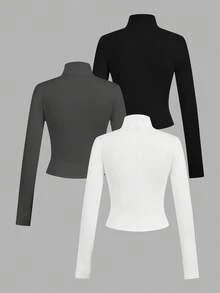 SHEIN EZwear 3pcs/Set Casual Minimalist White & Black Knit Zip-Up Long Sleeve T-Shirts For WomenIn Fall/Winter - Multicolor - View 2