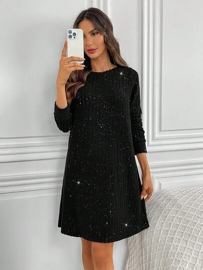 EMERY ROSE 休闲宽松圆领长袖女式短款连衣裙