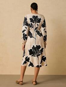 SHEIN VCAY Plus Size Women Floral Print V-Neck Long Sleeve Casual Dress Long Sleeve Summer Dresses Motif Women Dresses Floral Print Dress Women - Apricot - View 2