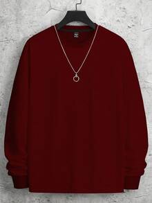 Manfinity Homme Men's Casual Solid Color Crew Neck Long Sleeve Sweatshirt, Autumn Burgundy Long Sleeve Men Burgundy Top Men Red Sweatshirt Dark Red Sweatshirt Red Long Sleeve Men
