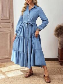 EMERY ROSE Women's Casual Denim Dress With Ruffle Hem, Front Button, And Lantern Sleeves, Suitable For Autumn - Light Wash - View 4