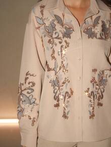 Anewsta 秋季时尚商务休闲女式亮片装饰衬衫 - 杏色 - 查看 5