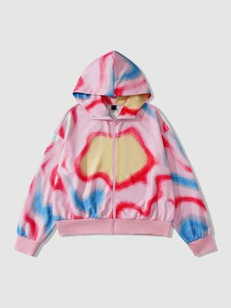 Street Life Sudadera casual con capucha, cremallera y estampado de teñido anudado de manga larga para hombre en otoño
