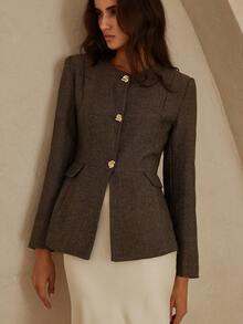 Aveloria Rosie Round Neck Herringbone Metal Button Decor Hem Patchwork Office Blazer - Multicolor - View 5