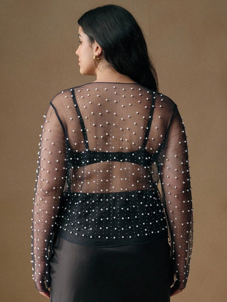 Anewsta Transparent Mesh Women's Plus Size Long Sleeved Summer Rhinestone Pearl Top Spring For Women