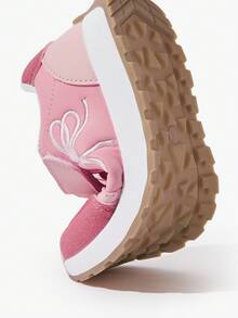 JNSQ A Pair Of Girls' Pink PU And Suede Bow, Embroidery, Lightweight Ballerina Style Shoes Kids Sneakers - Pink - View 4