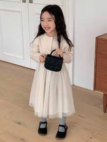 DAZY 女童毛衣撞色网眼连衣裙，秋季服装 - 杏色 - 查看 7