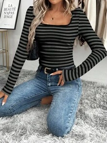 SHEIN LUNE Women's Striped Square Neck Long Sleeve Casual Versatile T-Shirt Striped Top Square Neck Tops - Dark Grey - View 6