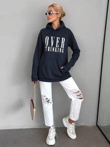 EURMUSE Women's Hooded Sweatshirt With Drawstring And Letter Print - Navy Blue - View 3