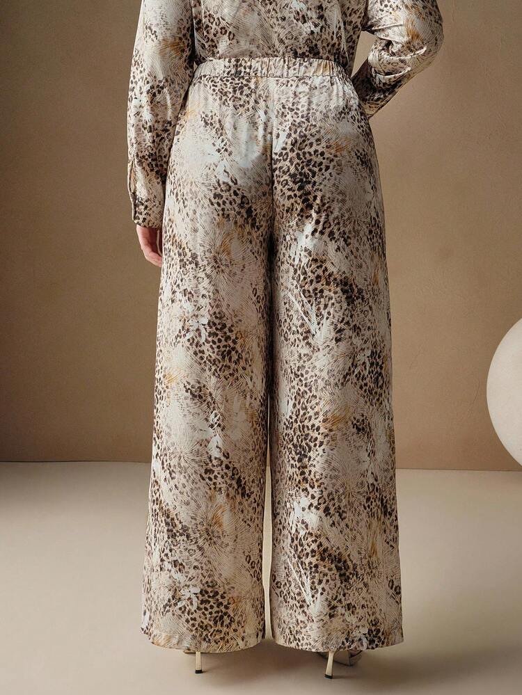 Pantalones anchos de mujer de talla grande con estampado de leopardo de textura de satén vintage, para otoño/invierno