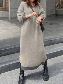 FRIFUL 女式落肩长袖V领宽松休闲直筒长款毛衣连衣裙 - 彩色 - 查看 6