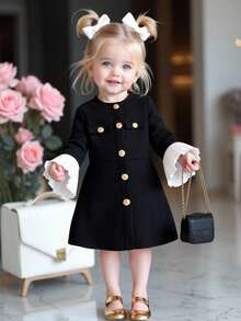 Baby Girl Cute Metal Buckle Color Block Bell Sleeve Long Dress, Autumn/Winter Fall