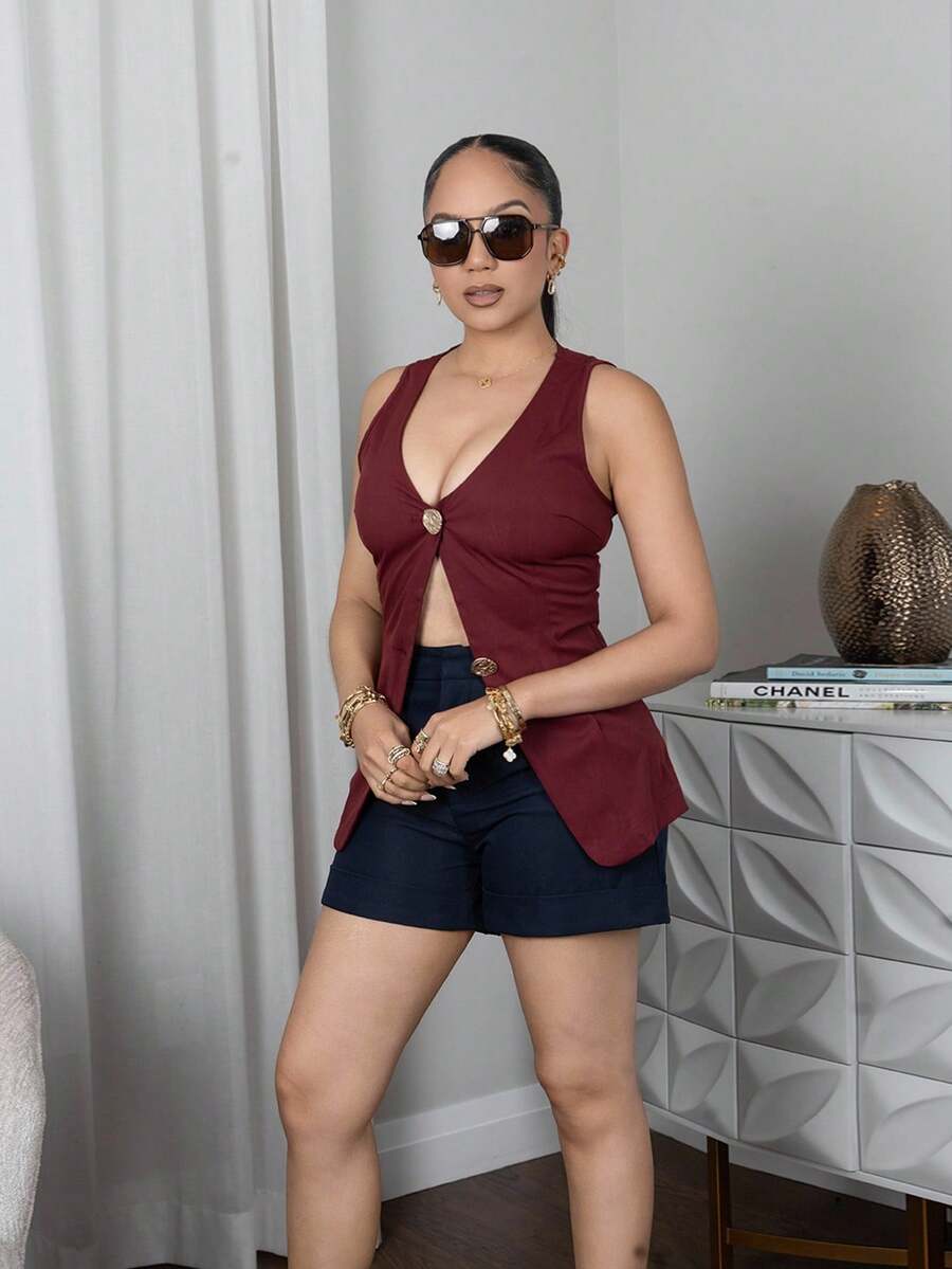 Melissa Matos Damen Pendler Arbeit & Schule Metall Schnallen Lässig Minimalist Mode Weste Blazer - Bordeaux - Übersicht 1