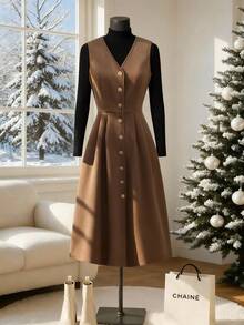 SHEIN Franclia Women's Casual Commuter Solid Color Front Button Sleeveless Dress - Coffee Brown - View 3