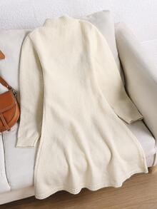 Genkimix Kids فستان محبوك أنيق للمراهقات، فستان محبوك بأكمام طويلة لون أحادي الألوان نوع مادلين، ديكور فيلكرو أسود مخطط، دافئ ومريح بطراز بسيط، خريف/شتاء - بيج - مشاهدة 2