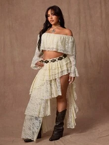 Rustia Bộ 2 món áo trễ vai cổ bèo nhún lãng mạn cỡ lớn và chân váy nhún bèo - Màu be - Xem 9