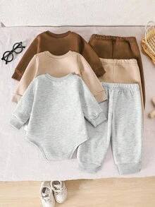 SHEIN Vintaside Kids 3pcs Baby Boy Round Neck Long Sleeve Solid Color Bodysuit Set, Available In Black, White And Gray, Fashion Style, Simple Pattern Design With Solid Color For Premium Look, Loose Fit Suitable For Different Body Types. The 3-Piece Set Includes A Bodysuit Top And 3 Waistband-Free Long Pants, Suitable For Various Occasions: Suitable For Outdoor Play, Easy And Free; Suitable For Home Leisure, Comfortable And Enjoyable; Suitable For Sports, Flexible And Active; Fall Winter