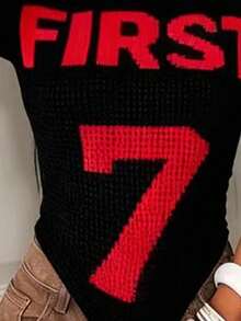 BamGleam Pulover tricotat pentru femei, cu mânecă scurtă, guler rotund, culori contrastante, design jacquard cu litere și cifre, croială lejeră și casual - Negru - Vizualizare 7