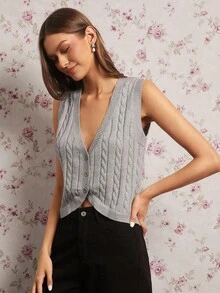 Enchnt Autumn/Winter Romantic Women's Casual Grey V-Neck Versatile Knit Vest,  Sweet&Elegant&Fashionable For Vacation&Date&Holiday&Birthday&Party&Graduation&Wedding Guest&Office&Going Out,Back To School,Fall Sweaters For Women,Autumn Clothes - Light Grey - View 4