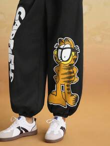 GARFIELD | SHEIN 男士休闲字母和卡通图案抽绳运动裤，秋季 - 黑色 - 查看 6