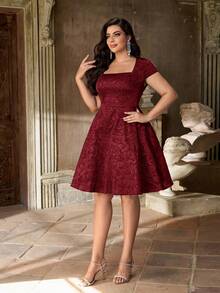 Aureia Vestido de gala formal de línea A con cuello de princesa, mangas de campana y tejido jacquard de lujo en verde oscuro para tallas grandes - Burdeos - Ver 5