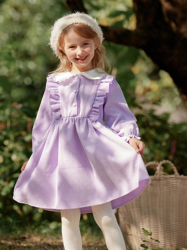 Vintaside Kids Young Girl' Casual Elegant Ruffle Collar Long Sleeve Dress, Suitable For Spring And Autumn, Indoor And Outdoor Wear Fall Winter
