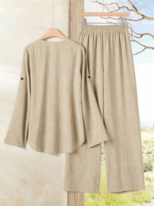 Rusticease Women's Casual Notch Neck Top And Elastic Waist Pants Set  Setup Autumn Winter Women  Winter Clothes For Women New Year Women's Clothes New Year Look - Khaki - View 2