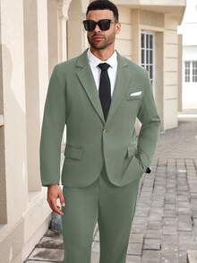 Manfinity Mode Plus Size Men's Lapel NeckLong Sleeve Jacket And Pants Business Suit Set - Mint Green - View 4