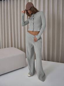 MUSERA Knopfverschluss Langarm Strickjacke, lässige elastische Strickhose, geripptes Strickset, elegant, sexy, Streetwear, Abendparty, Frühling - Grau - Übersicht 5