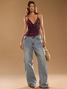 SHEIN BAE Women's Sexy Sequin Spaghetti Strap Camisole Top, Summer - Burgundy - View 5