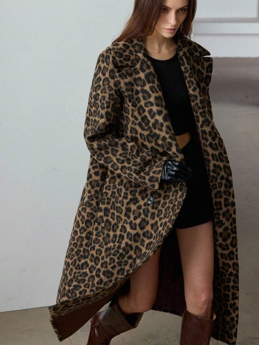 Aveloria Modichic Abrigo largo con cinturón y estampado de leopardo para mujer, otoño/invierno - Marrón - Ver 1