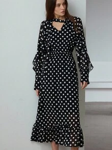 Aveloria Modichic 优雅喇叭形荷叶边波点蝴蝶结领连衣裙 - 彩色 - 查看 6