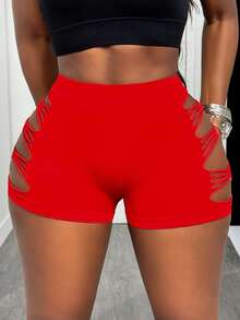 Slaydiva 1pc Women Ripped Backline V-Neck Ultra Short Running Shorts For Workout Workout Short - Red - View 4