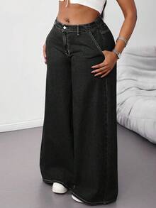 SHEIN Tall CURVE Quần jean ống rộng cạp thấp ống rộng lưng thấp dễ thương phong cách thập niên 2000 dễ thương trở lại trường học trở về nhà Y2k sân bay giản dị tiền cũ thường ngày giặt sạch - màu đen - Xem 5