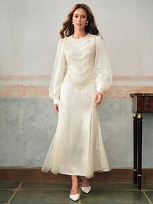 Anewsta Đầm dài vừa phải tay đèn lồng cổ tròn họa tiết dành cho nữ, thích hợp cho các dịp tiệc tùng, mùa thu/đông - Màu be - Xem 3