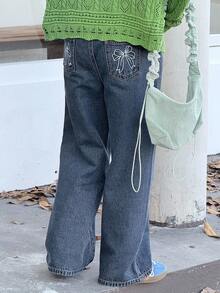 DAZY 女童蝴蝶结刺绣牛仔裤 - 藍色 - 查看 6