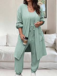 Vionelle 2件套女士纯色无袖连体裤和长袖开衫套装 - 薄荷綠 - 查看 5