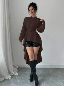 Elenzga Áo sơ mi dài tay dài cổ đứng hở phía trước kiểu chữ A xếp nếp tay bồng - Cà phê nâu - Xem 3